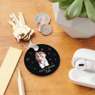 Merry & Adorable Shih Tzu With Snowflake Dog Tag  Key Ring