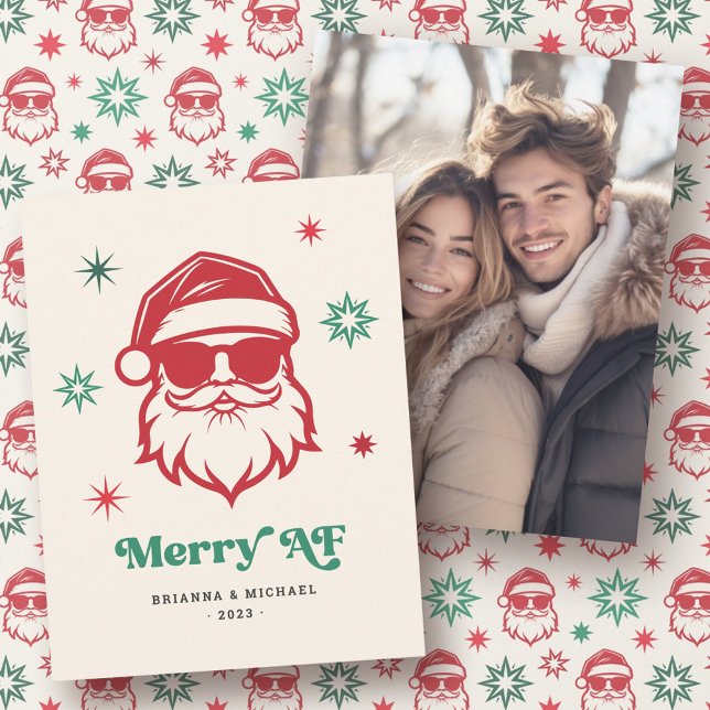Merry AF cool Santa in sunglasses retro stars Holiday Card (Merry AF cool Santa in sunglasses retro stars Holiday Card)