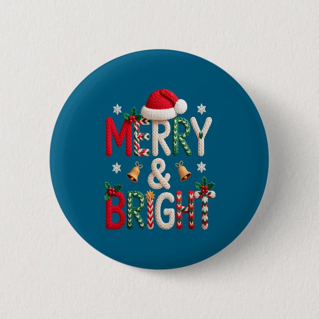Merry &amp; Bright Christmas Santa Hat Crochet Kni 6 Cm Round Badge (Front)