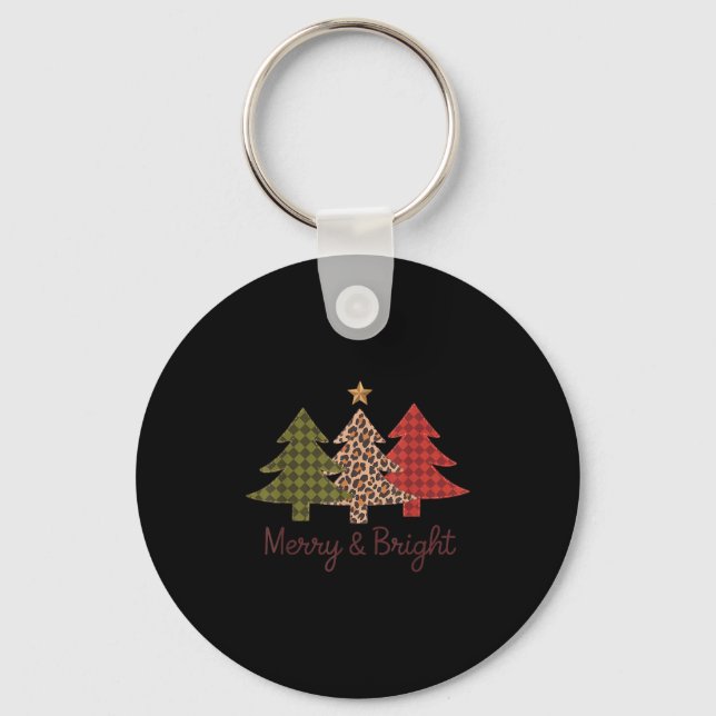 Merry &amp; Bright Plaid Leopard Christmas Tree Xm Key Ring (Front)