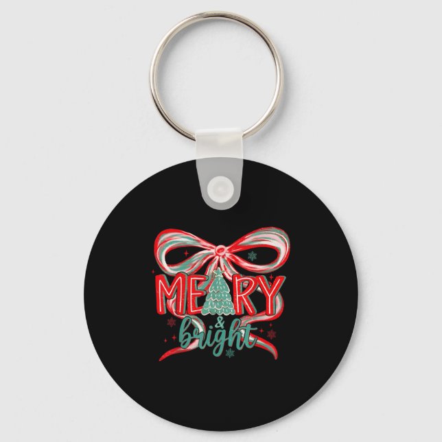Merry &amp; Bright Tree Coquette Bow Retro Holiday Key Ring (Front)