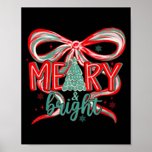 Merry &amp; Bright Tree Coquette Bow Retro Holiday Poster
