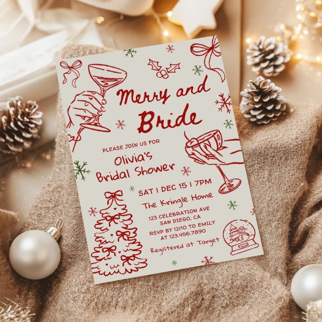 Merry and Bride Hand Drawn Christmas Bridal Shower Invitation (Creator Uploaded)
