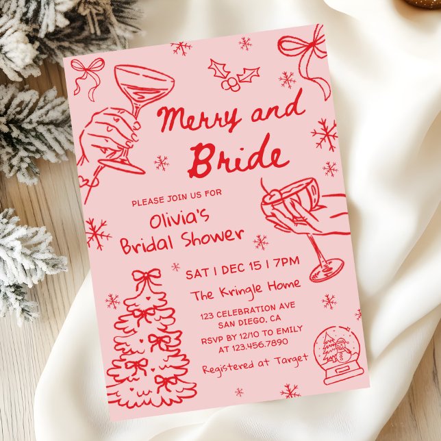 Merry and Bride Hand Drawn Christmas Bridal Shower Invitation (Creator Uploaded)