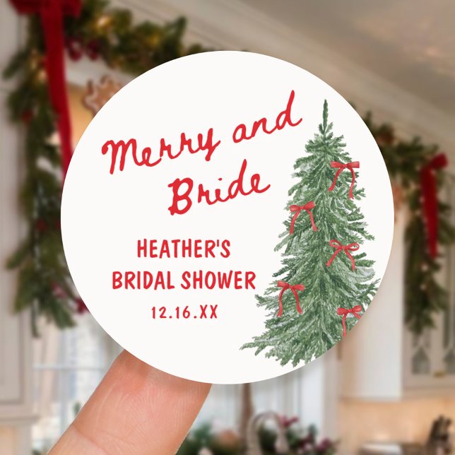 Merry and Bride Whimsical Holiday Bridal Shower Classic Round Sticker (Creator Uploaded)