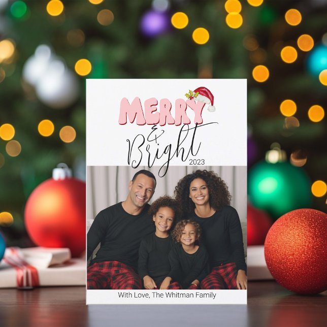 Merry and Bright 3 Family Photo Retro Christmas Holiday Card (Retro pink hand lettered typography and hand painted Santa hat with holly and berries )