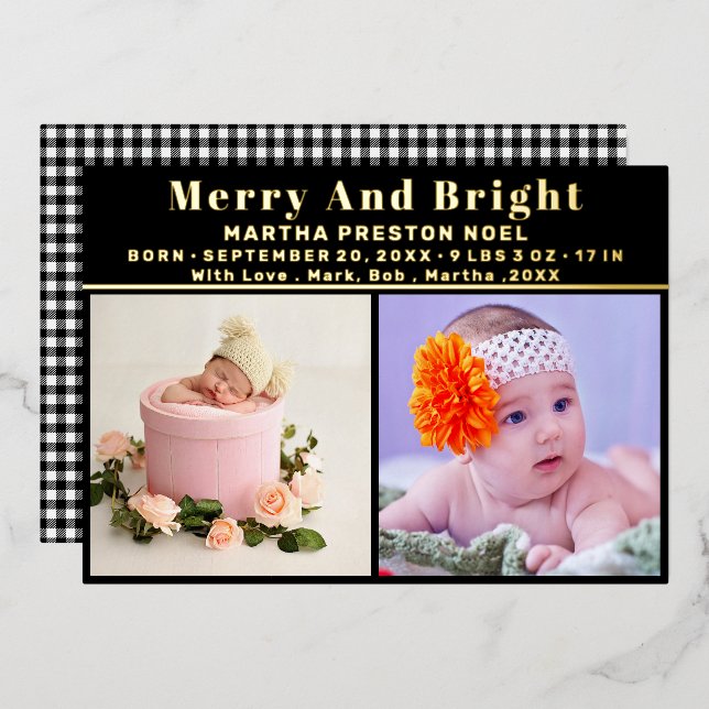 Merry And Bright 3 Photo Christmas Birth Announcem (Front/Back)