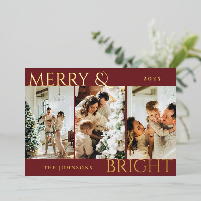 Merry and Bright 3 Photo Collage Minimal Red (Standing Front)