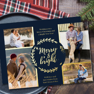 Merry and Bright 4 Photo Collage Blue and Gold