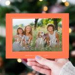 Merry and Bright 4 photos modern Christmas apricot Holiday Card<br><div class="desc">Elegant simple minimal apricot and white 4 custom family photos "Merry and Bright together" script (overlay text template) holiday card template.                       Easy to personalise with your pictures,  text,  family name,  and your wishes on both sides!</div>