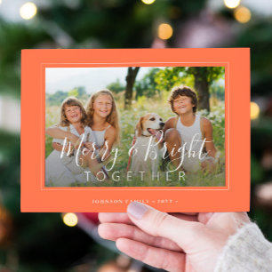 Merry and Bright 4 photos modern Christmas apricot Holiday Card