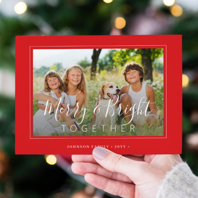 Merry and Bright 4 photos modern Christmas red Holiday Card (Creator Uploaded)