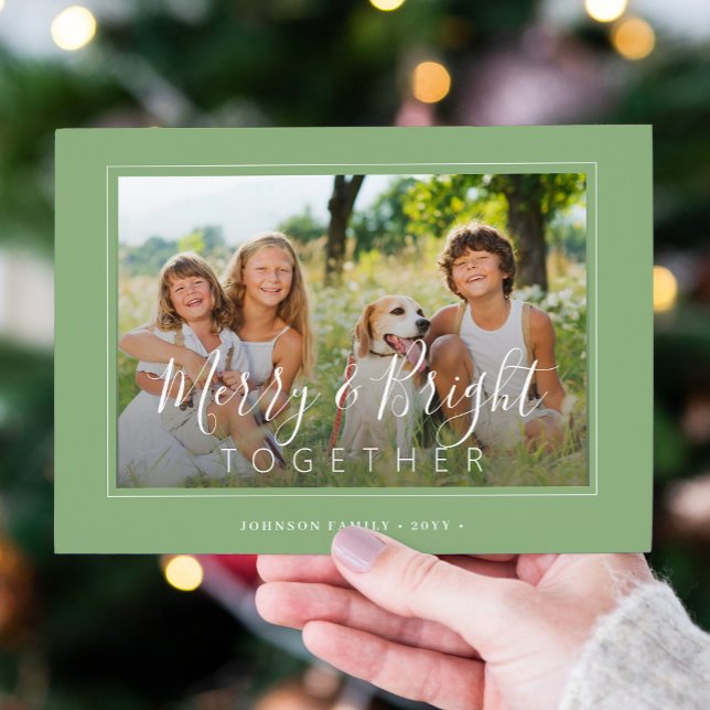Merry and Bright 4 photos modern Christmas sage Holiday Card (Creator Uploaded)