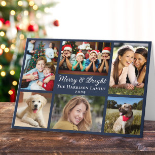Merry And Bright 6 Photo Collage Blue Christmas Holiday Card
