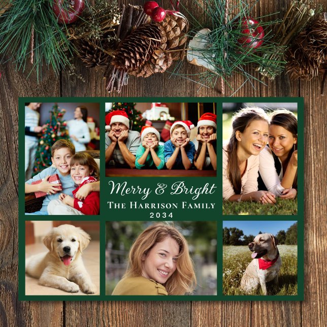 Merry And Bright 6 Photo Collage Green Christmas Holiday Card (This holiday season, let the magic of your cherished moments unfold with our 6 photo Christmas card)