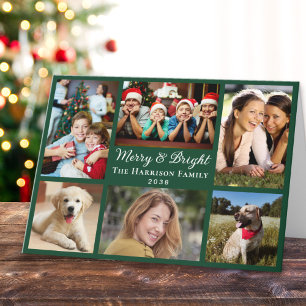 Merry And Bright 6 Photo Collage Green Christmas Holiday Card