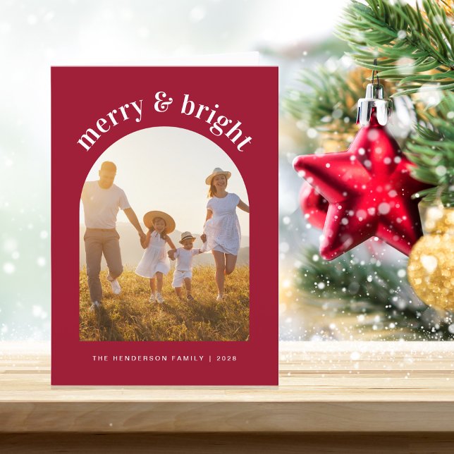 Merry And Bright Arch Photo Red Christmas Holiday Card (Capture the essence of the holiday season and share the warmth of your love and laughter)