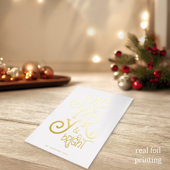 Merry and Bright Artsy Typography Christmas Luxury (Luxury Real Foil on the frontin either gold, rose gold or silver)