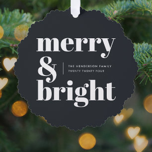 Merry and Bright Black and White Trendy Christmas Tree Decoration Card