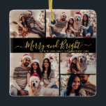 Merry and Bright Black Gold 5 Photo Christmas  Ceramic Ornament<br><div class="desc">Elegant Modern Script Black and Gold 5 Photo Collage Merry and Bright Script Christmas Holiday Ceramic Ornament. Features minimalist five (5) photo collage template a pretty grid collage and „Merry and Bright” greeting text is written in a beautiful hand lettered whimsical swirly swash-tail font script in gold on black colour...</div>