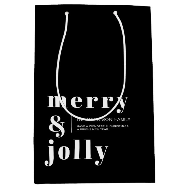 Merry and Bright Black Modern Christmas Holiday  Medium Gift Bag (Front)