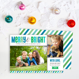 Merry and Bright Blue and Green Photo Holiday Card