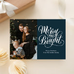 Merry and Bright Blue Calligraphy Modern Photo Holiday Card<br><div class="desc">Merry and Bright Blue Calligraphy Modern Photo Holiday Card. Send customisable and personalised holiday greetings to friends,  colleagues and family in simple,  chic,  elegant and modern photo design festive,  natural minimalist style cards! Below the calligraphy features your custom greeting message in modern typography.</div>