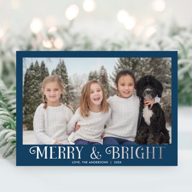 Merry and Bright blue silver modern one photo (Creator Uploaded)