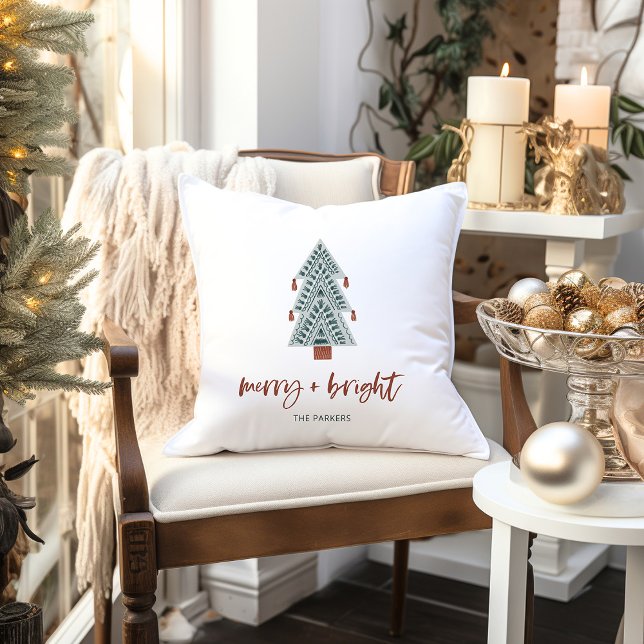 Merry and Bright | Boho Christmas Tree Cushion (A trendy, boho holiday pillow with a cute green Christmas tree and casual terracotta script)