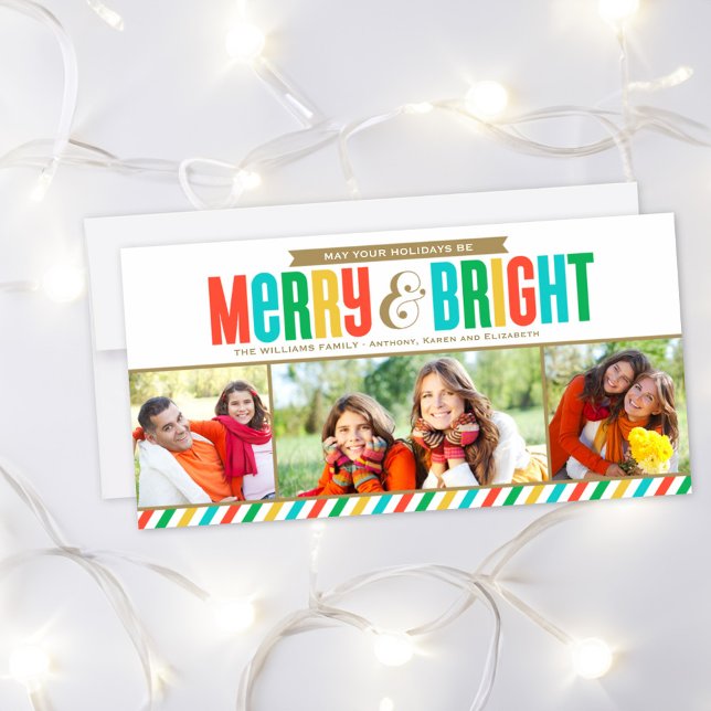 Merry and Bright Bold Colours and Stripes Photo Holiday Card (Creator Uploaded)