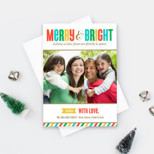 Merry and Bright Bold Colours and Stripes Photo Holiday Card