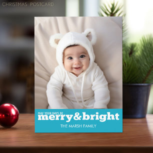 Merry and Bright Bold Modern Photo - Blue White Holiday Postcard