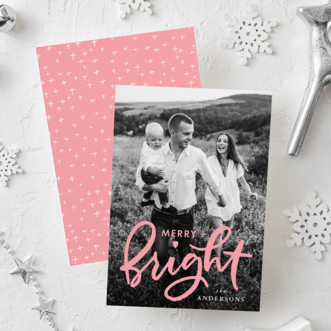 Merry and Bright Bold Pink Script Photo Holiday Card (Creator Uploaded)