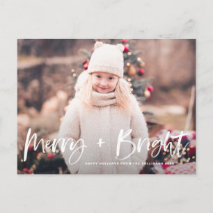 Merry and Bright Brush Lettering Photo Christmas Holiday Postcard