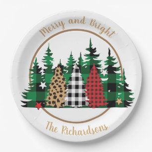 Merry and Bright Buffalo Plaid Leopard Print Tree Paper Plate