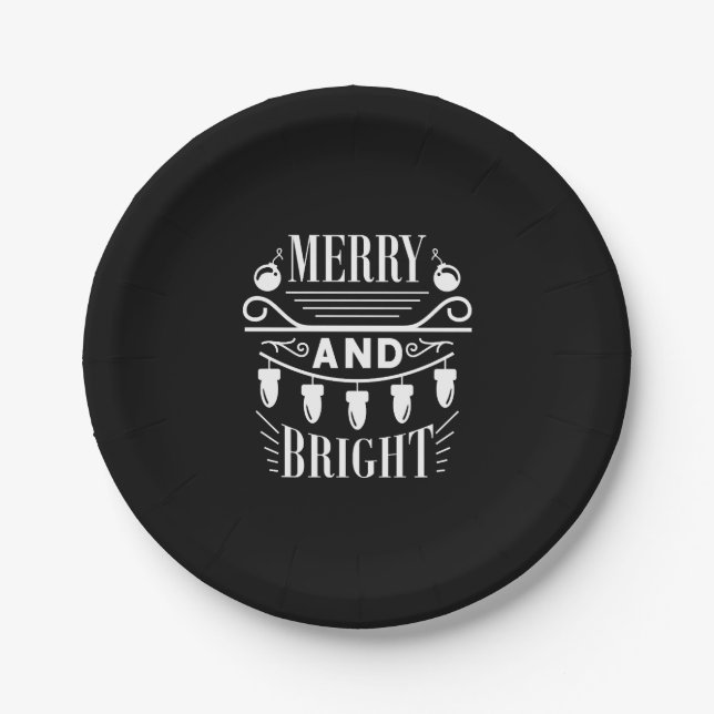 Merry And Bright Bulb Light Xmas Holiday Christmas Paper Plate (Front)