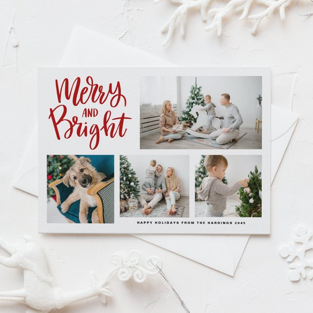 Merry and Bright Calligraphy Red Photo Collage Holiday Postcard (Creator Uploaded)