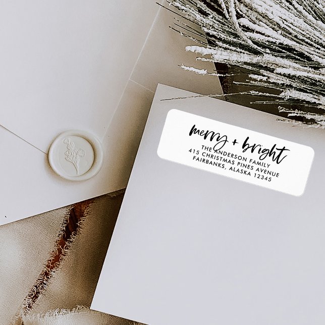 Merry and Bright | Casual Script Black and White (Modern holiday return address labels with trendy casual script typography)