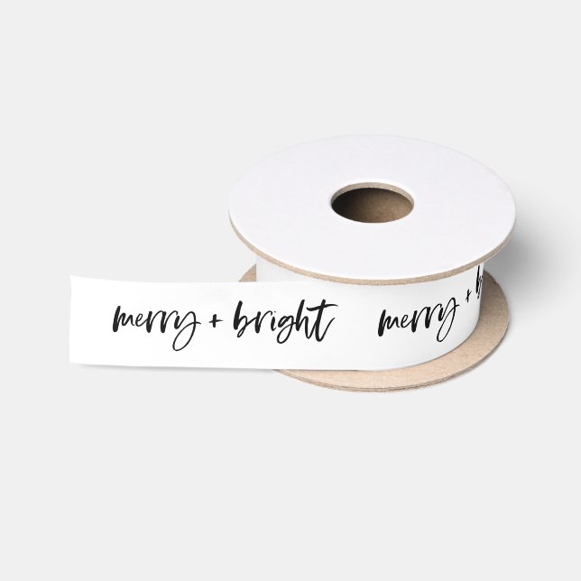Merry and Bright | Casual Script Black and White Satin Ribbon (Spool)