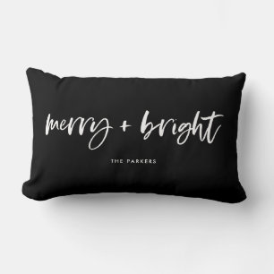 Merry and Bright   Casual Script Christmas Black Lumbar Cushion