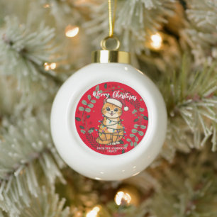 Merry and Bright cat Christmas kitten snow winter Ceramic Ball Christmas Ornament