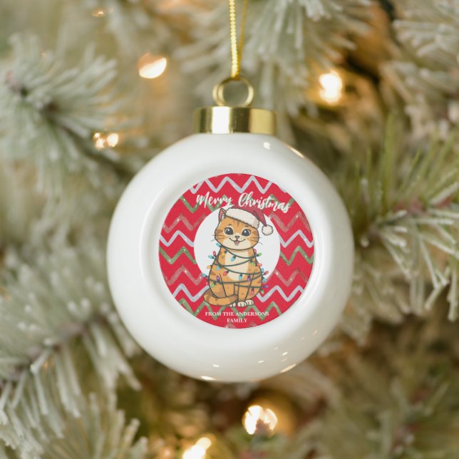 Merry and Bright cat Christmas kitten snow winter Ceramic Ball Christmas Ornament (Tree)