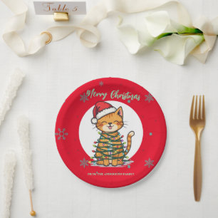 Merry and Bright cat Christmas kitten snow winter Paper Plate