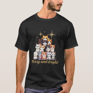 Merry And Bright Cat Christmas Tree Girls Boys Fun T-Shirt