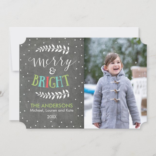 Merry and Bright Chalkboard Christmas Photo Card (Front)