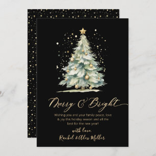 Merry and Bright Chic Gold Script Tree Non Photo Holiday Card