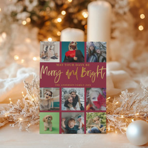 Merry and Bright Chic Red & Faux Gold 9 Photo   Holiday Card