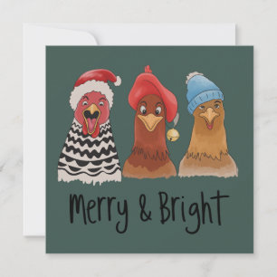 Merry And Bright Chickens Christmas Farm Animal  Holiday Card