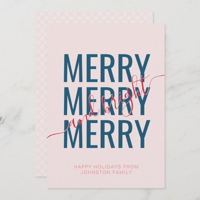 Merry and bright Christmas blush pink checker Holiday Card (Front/Back)