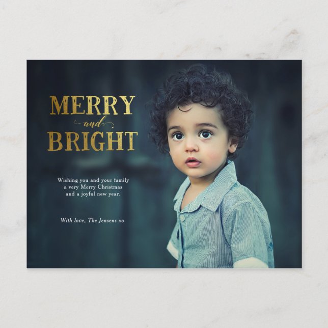 Merry and Bright Christmas family card postcard (Front)